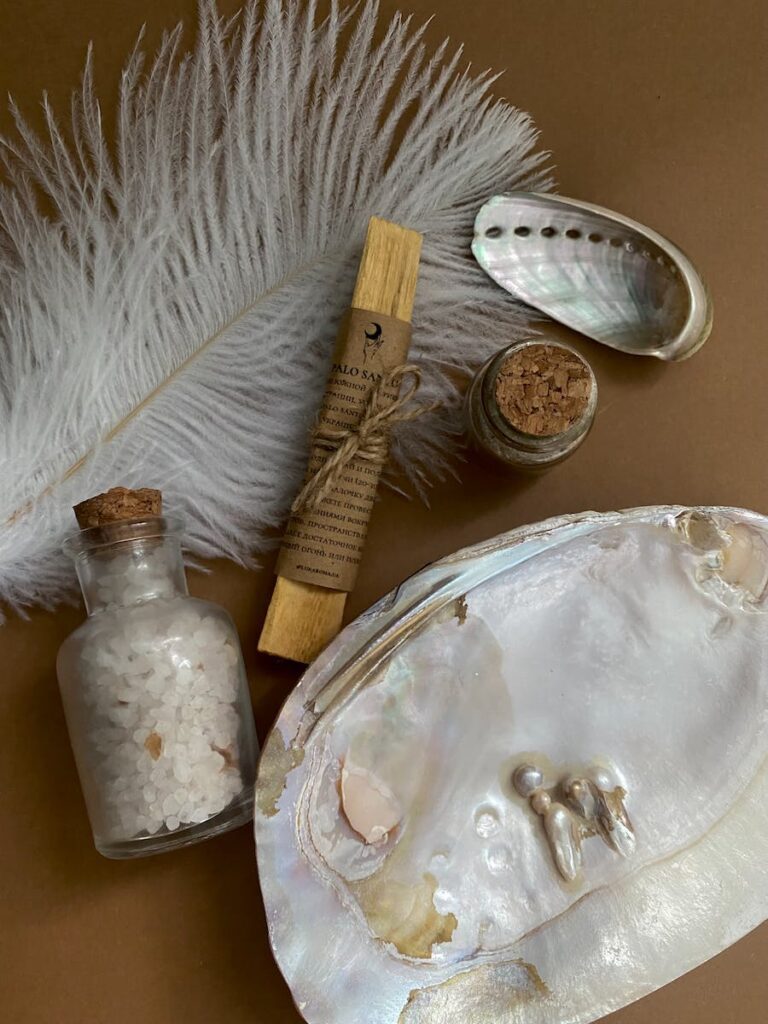 Close-up of a Bottle of Sea Salt next to a Feather