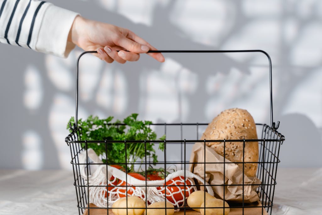 Zero Waste Groceries in reusable metal basket