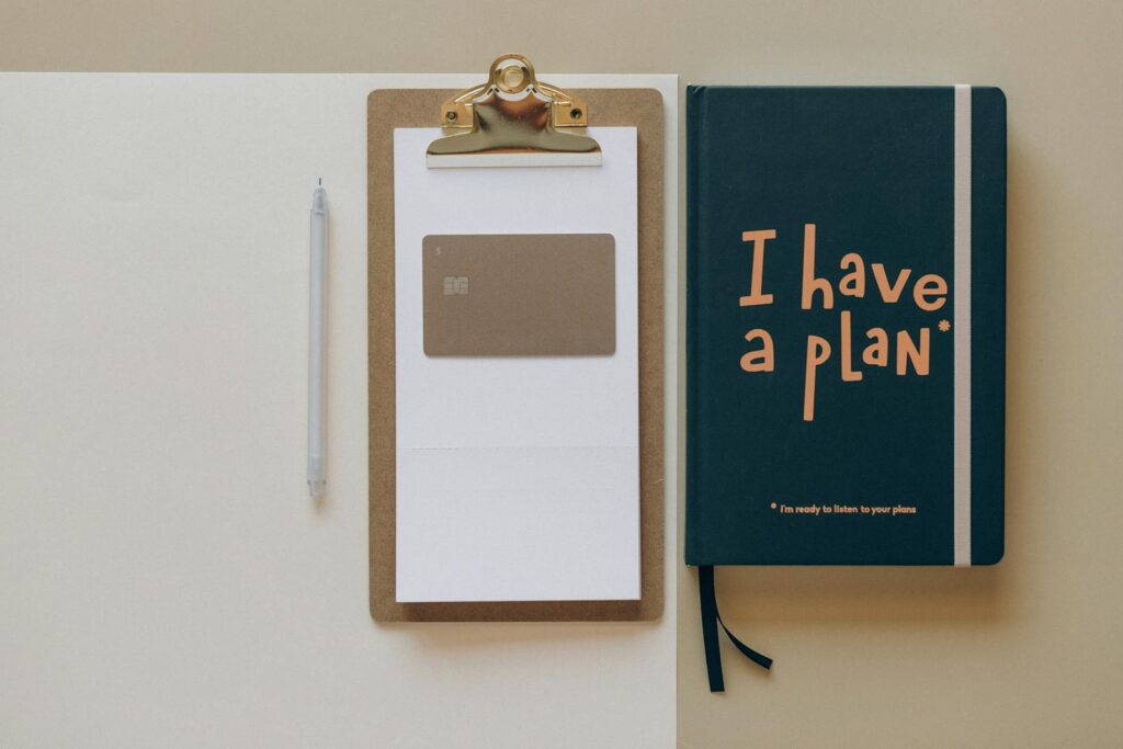 A minimalist office setup featuring a financial planner.