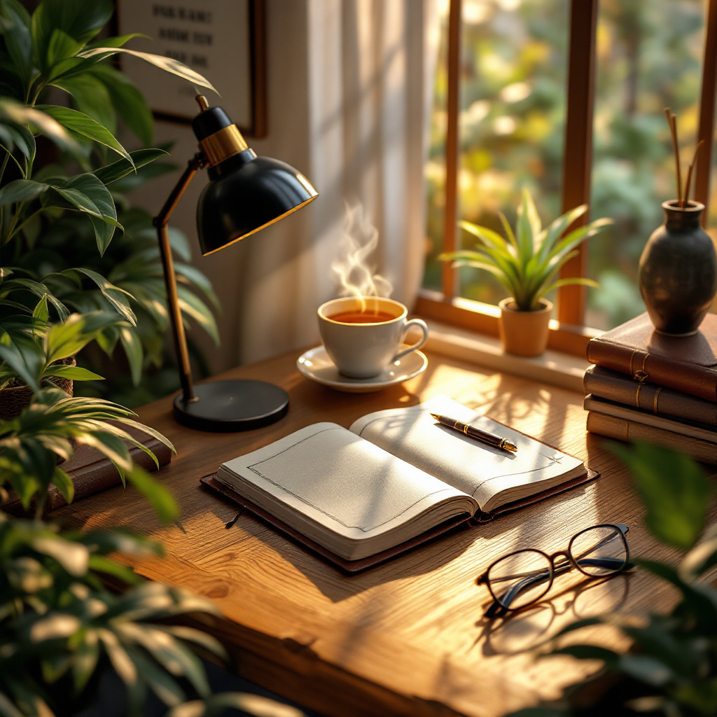 relaxing picture of a desk next to a window, surrounded by plants with a Journal and hot coffee. 