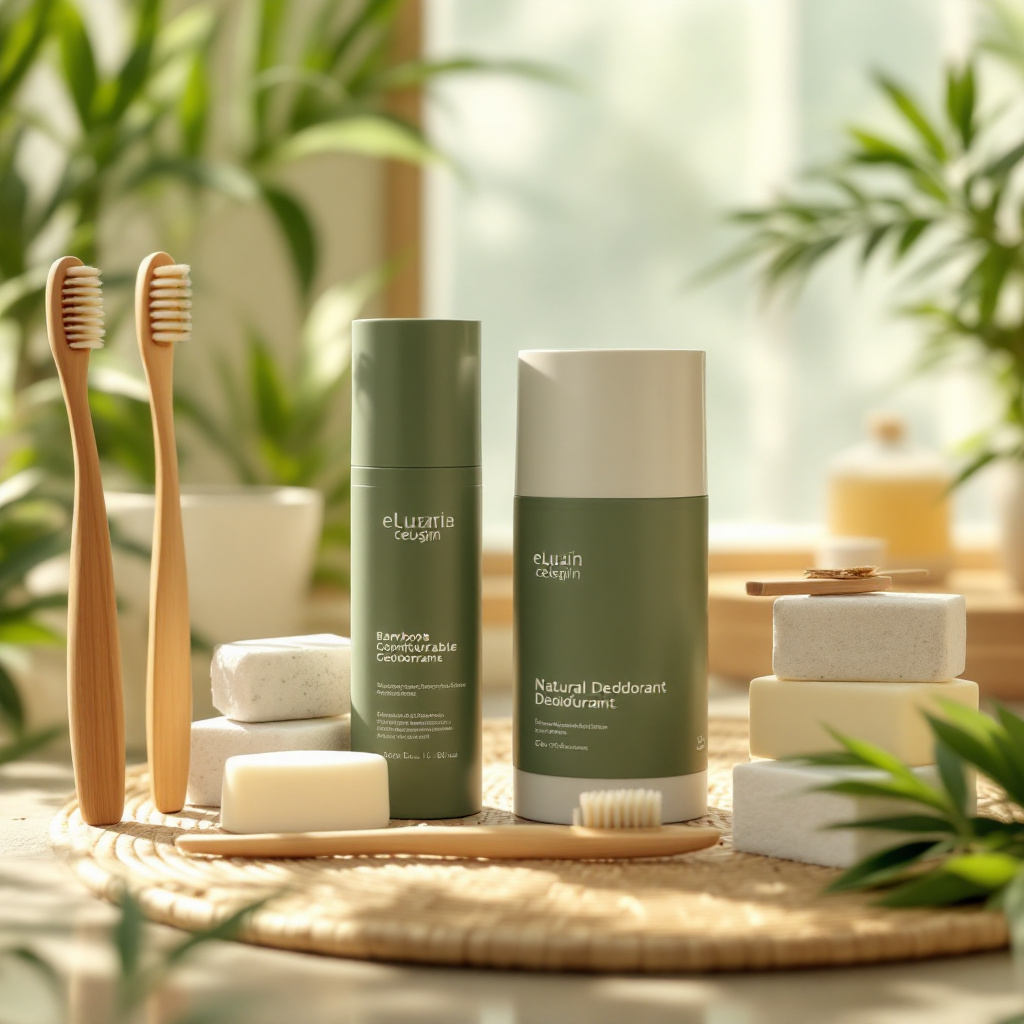 picture of eco friendly personal care and wellness products showing bamboo toothbrushes, natural deodorant in compostable packaging, and shampoo/ conditioner bars.