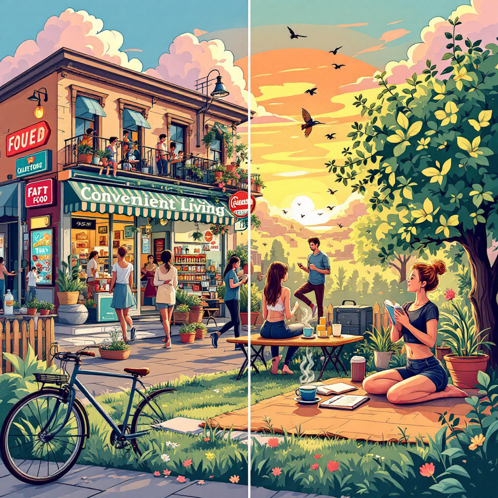 A picture of people shopping at Convenience Store and people outside having a picnic showing an example comparison of convenient vs. intentional living 