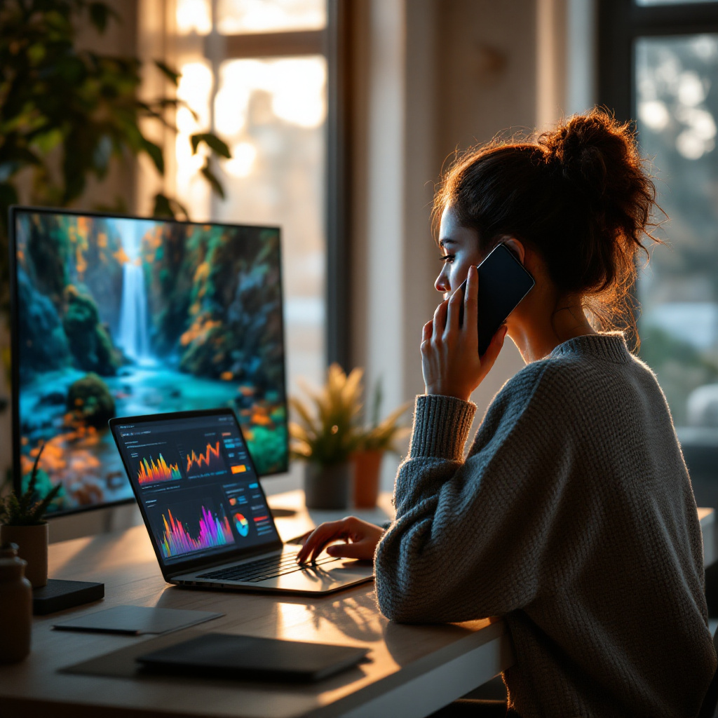 A photo of someone having digital overstimulation being on the computer, talking on the phone with the tv on in the background.